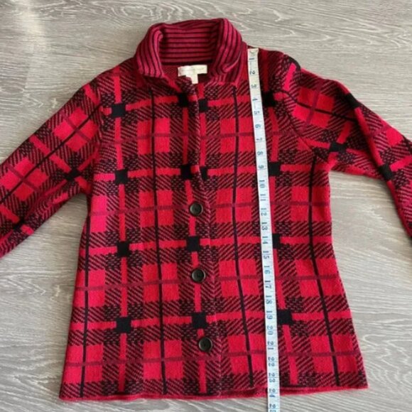 Christopher & Banks Sweater Medium Button Front Short Red Black Plaid - Picture 5 of 12